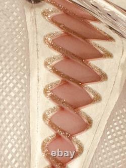 Vintage Murano Venetian Art Glass Pink Ribbon Latticino CANDY DISH & CANDLESTICK