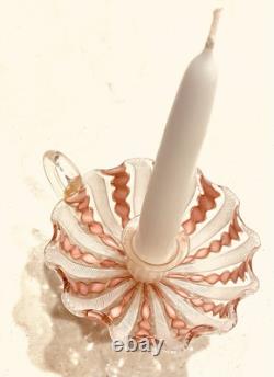 Vintage Murano Venetian Art Glass Pink Ribbon Latticino CANDY DISH & CANDLESTICK