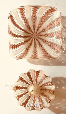 Vintage Murano Venetian Art Glass Pink Ribbon Latticino CANDY DISH & CANDLESTICK