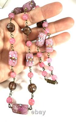 Vintage Necklace Wedding Glass Beads Rectangle Pink Art Glass Barrel Clasp