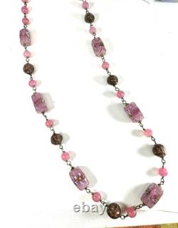Vintage Necklace Wedding Glass Beads Rectangle Pink Art Glass Barrel Clasp