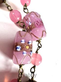 Vintage Necklace Wedding Glass Beads Rectangle Pink Art Glass Barrel Clasp