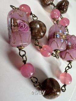 Vintage Necklace Wedding Glass Beads Rectangle Pink Art Glass Barrel Clasp