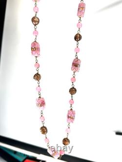 Vintage Necklace Wedding Glass Beads Rectangle Pink Art Glass Barrel Clasp