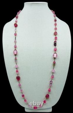 Vintage Old 1930's Pink Art Glass Bead Flapper Necklace 40 Long Barrel Clasp