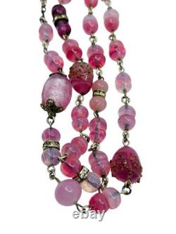 Vintage Old 1930's Pink Art Glass Bead Flapper Necklace 40 Long Barrel Clasp