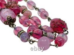 Vintage Old 1930's Pink Art Glass Bead Flapper Necklace 40 Long Barrel Clasp