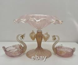Vintage Original MURANO Art Glass SALVIATI Pink Aventurine Centrepiece Swan Set