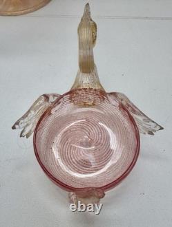 Vintage Original MURANO Art Glass SALVIATI Pink Aventurine Centrepiece Swan Set