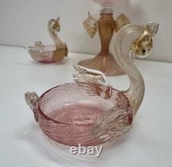 Vintage Original MURANO Art Glass SALVIATI Pink Aventurine Centrepiece Swan Set