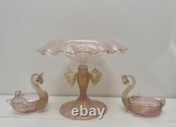 Vintage Original MURANO Art Glass SALVIATI Pink Aventurine Centrepiece Swan Set