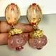 Vintage P. G. Designer Clip-On Earrings -Pink Art Glass Drops, Textured Gold Tone