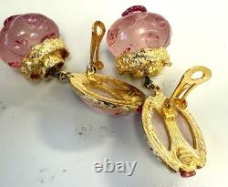 Vintage P. G. Designer Clip-On Earrings -Pink Art Glass Drops, Textured Gold Tone