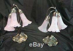 Vintage Pair Of Art Deco Style Lamps With Pink Tulip Glass Shades