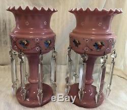 Vintage Pair Of Pink Bristol glass mantel lusters With clear prisms