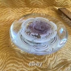 Vintage Paperweight Art Glass round disk shaped pink flower white & clear glass