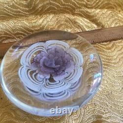 Vintage Paperweight Art Glass round disk shaped pink flower white & clear glass