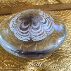 Vintage Paperweight Art Glass round disk shaped pink flower white & clear glass