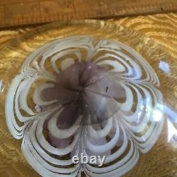Vintage Paperweight Art Glass round disk shaped pink flower white & clear glass