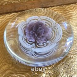 Vintage Paperweight Art Glass round disk shaped pink flower white & clear glass
