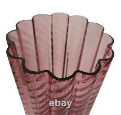 Vintage Pilgrim Glass Cranberry Ribbed Vase Art Spiral Scalloped Cylinder 9.5