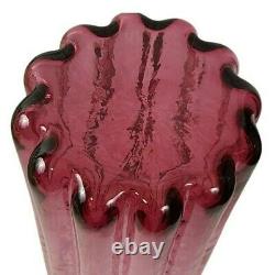 Vintage Pilgrim Glass Cranberry Ribbed Vase Art Spiral Scalloped Cylinder 9.5