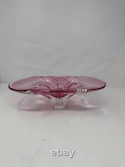 Vintage Pink Art Glass Console Bowl with Clear Pedestal Base, Mid-Century Elegan