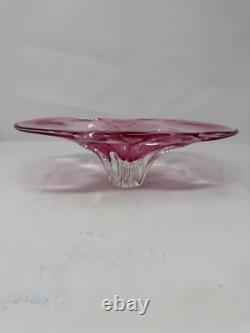 Vintage Pink Art Glass Console Bowl with Clear Pedestal Base, Mid-Century Elegan