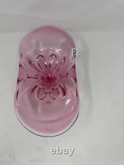 Vintage Pink Art Glass Console Bowl with Clear Pedestal Base, Mid-Century Elegan