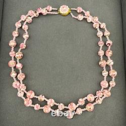 Vintage Pink Art Glass Double Strand Necklace Gold Swirl Beaded Clasp