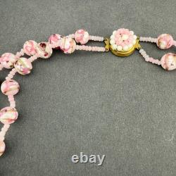 Vintage Pink Art Glass Double Strand Necklace Gold Swirl Beaded Clasp