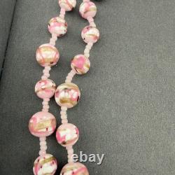 Vintage Pink Art Glass Double Strand Necklace Gold Swirl Beaded Clasp