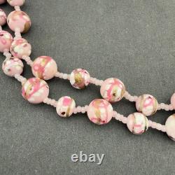 Vintage Pink Art Glass Double Strand Necklace Gold Swirl Beaded Clasp