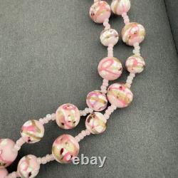 Vintage Pink Art Glass Double Strand Necklace Gold Swirl Beaded Clasp