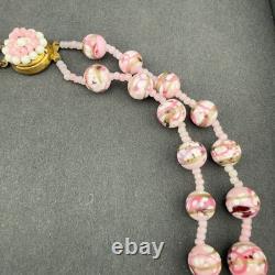 Vintage Pink Art Glass Double Strand Necklace Gold Swirl Beaded Clasp