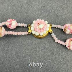 Vintage Pink Art Glass Double Strand Necklace Gold Swirl Beaded Clasp