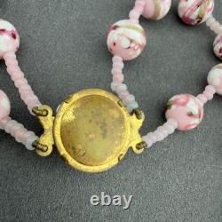 Vintage Pink Art Glass Double Strand Necklace Gold Swirl Beaded Clasp