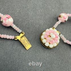 Vintage Pink Art Glass Double Strand Necklace Gold Swirl Beaded Clasp