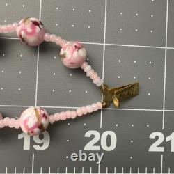 Vintage Pink Art Glass Double Strand Necklace Gold Swirl Beaded Clasp