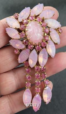 Vintage Pink Opalite Art Glass Rhinestone Dog Tooth Prong Dangle Brooch Designer
