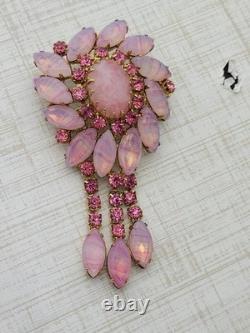 Vintage Pink Opalite Art Glass Rhinestone Dog Tooth Prong Dangle Brooch Designer