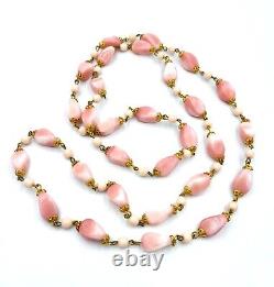 Vintage Pink White Czech Molded Swirled Art Glass Beaded Long 42 Necklace