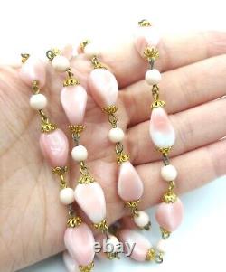 Vintage Pink White Czech Molded Swirled Art Glass Beaded Long 42 Necklace