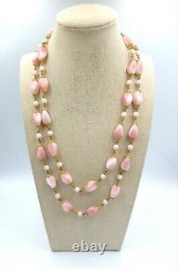 Vintage Pink White Czech Molded Swirled Art Glass Beaded Long 42 Necklace