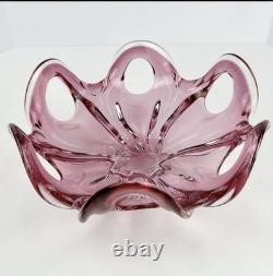 Vintage Pink free-form art glass bowl with petal-shaped rim