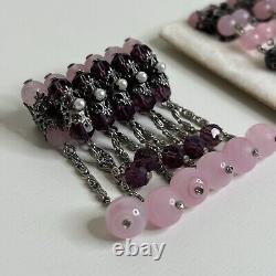 Vintage Purple Pink Art Glass Beaded Brooch Pin Clip On Earring Dangle Filigree