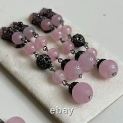 Vintage Purple Pink Art Glass Beaded Brooch Pin Clip On Earring Dangle Filigree