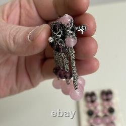 Vintage Purple Pink Art Glass Beaded Brooch Pin Clip On Earring Dangle Filigree