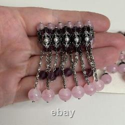 Vintage Purple Pink Art Glass Beaded Brooch Pin Clip On Earring Dangle Filigree