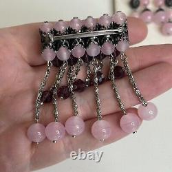 Vintage Purple Pink Art Glass Beaded Brooch Pin Clip On Earring Dangle Filigree